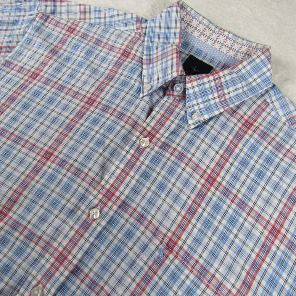 Tailorbyrd Button Down Shirt Mens L Blue Red Plaid Short Sleeve Logo